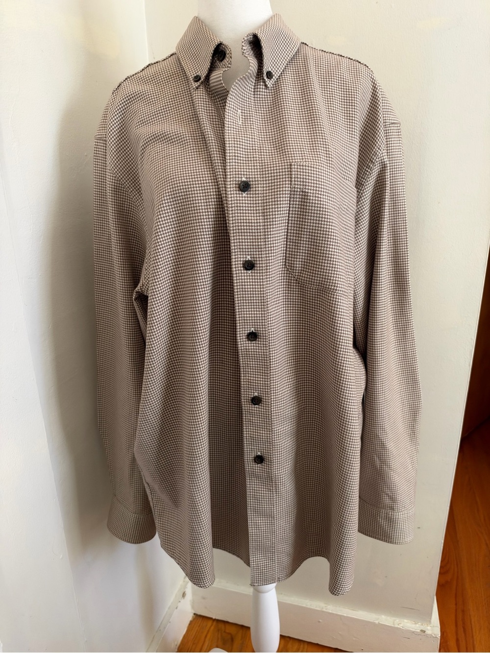 LL Bean Mens Large Regular Brown Houndstooth Long Sleeve Shirt 100% Cotton